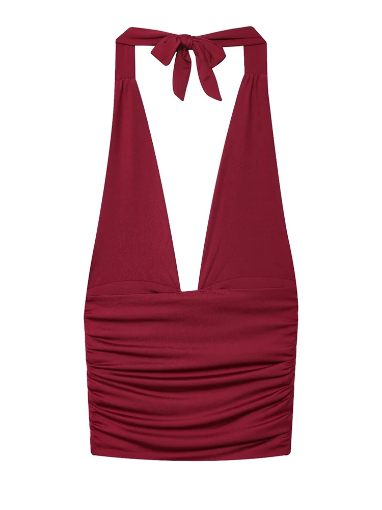 New Halter Tops Fashion Metal Decoration Backless Top Woman 2025 Sleeveless Hanging Collar Short Tops For Women Sexy Party Top