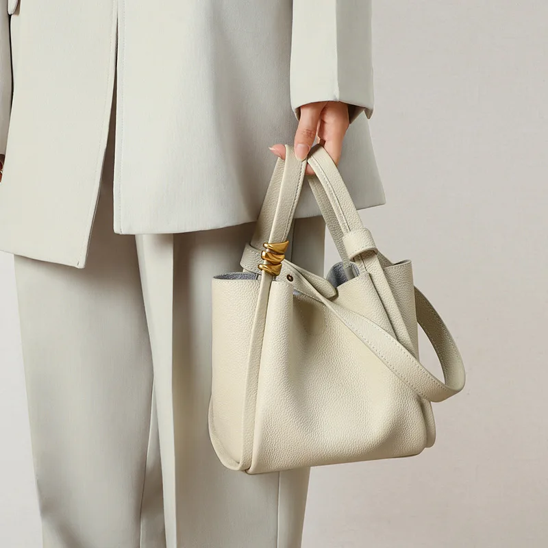 New Autumn Winter Women Genuine Cowhide Bucket Bag Fashion All Match Soft Leather Handbag Crossbody Shoulder Top Handle Tote Bag