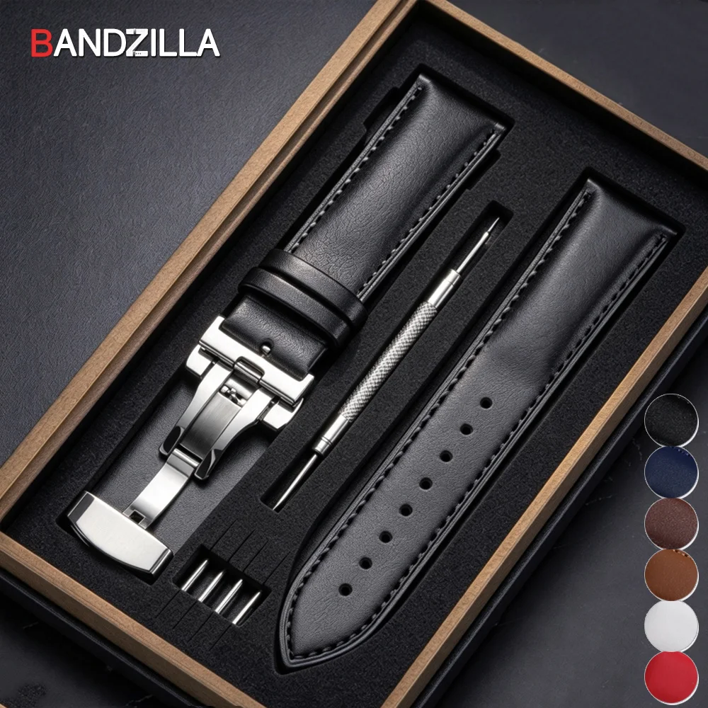 Elegant Genuine Leather Watchband with Butterfly Buckle - Includes Premium Wooden Box