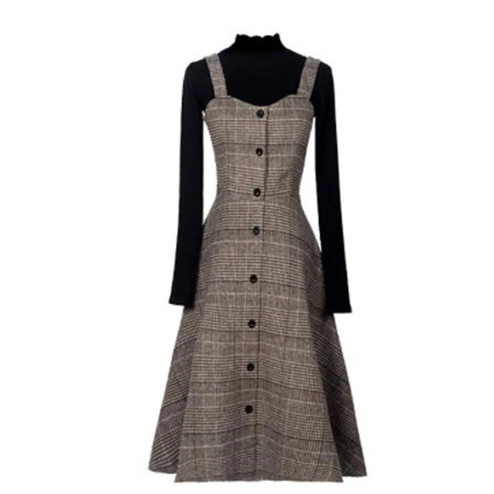 

England Style Autumn Winter Women Midi Office Sundress Suspenders Vintage Plaid Woolen Sleeveless Dress Elegant Warm Sundress