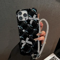 Luxury Glitter Diamond Strap Chain Phone Cover Case - 14 plus or 15 plus (Black n chain)