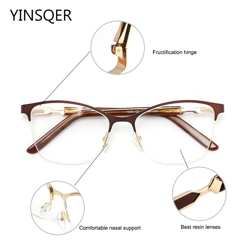Women's Vintage Glasses Square Prescription Eyewear Frames Cat Eye Female Eyeglasses Thin Half Spectacle Presbyopia with Diopter - 3