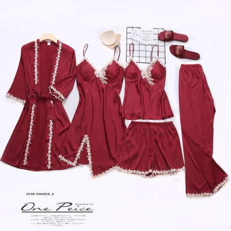 Polka Dot Satin Lounge Set 4PC - Cami + Shorts + Pants + Robe | Women's Sleep & Home Wear