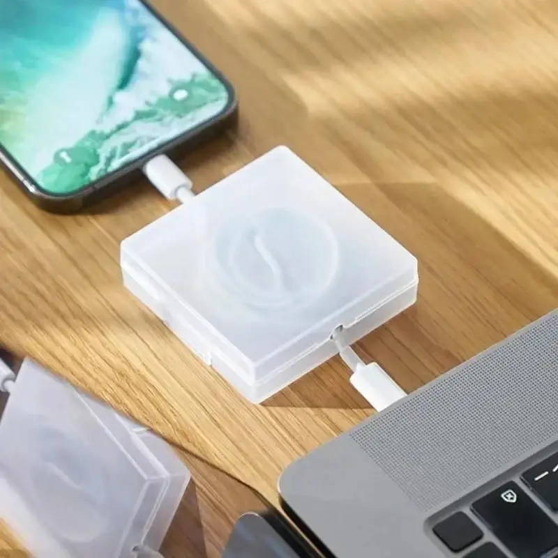 회전식 투명 사각형 와이어 와인더 박스 케이블 관리 수납함 휴대용 USB 충전기 이어폰 코드 정리함