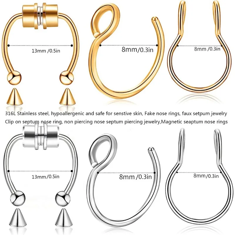 3Pcs Fake Nose Ring Magnetic Septum Ring Fake Nose Hoop Stainless Steel Horseshoe Clip On No-Pierced Septum