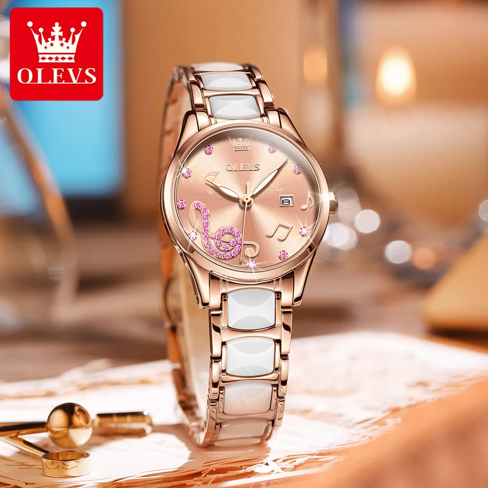 OLEVS Brands Fashion Rhinestone Quartz Watch for Women  Luxury Ceramic Strap Waterproof Calendar Ladies Wirstwatch Reloj Mujer