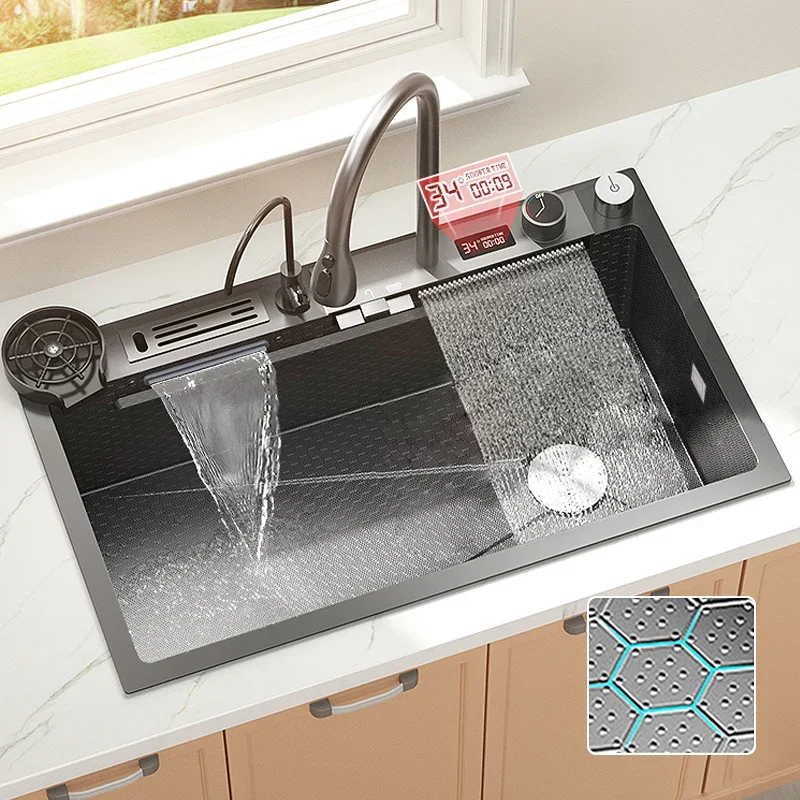 

Digital Display Waterfall Sink Embossed Stainless Steel Kitchen Sink Large Single Bowl Black Washbasin with Kitchen faucet