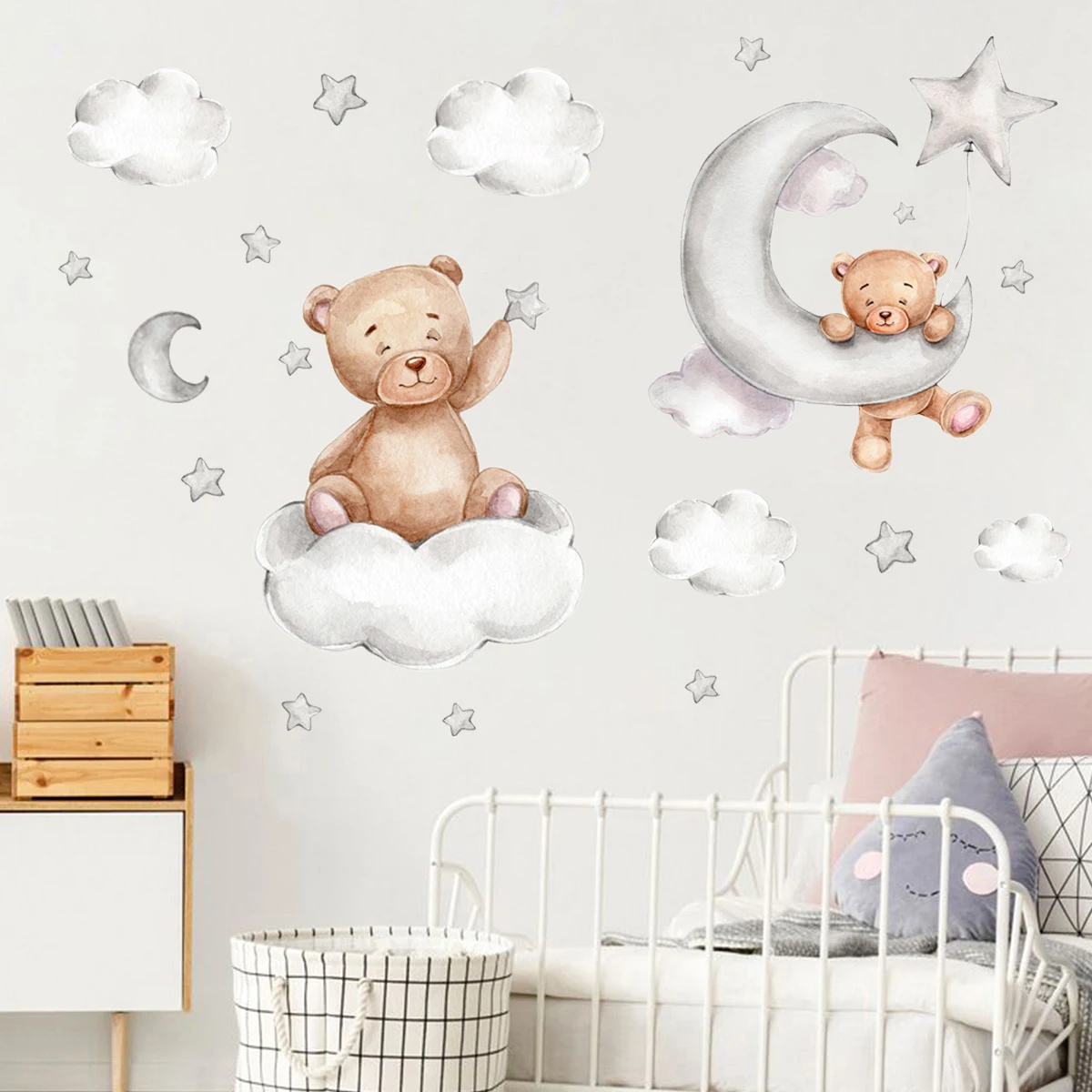 Wall Stickers Wall Art Decor Cartoon Bear Moon and Stars Color Self Adhesive Stickers 2/1Pcs for Kids Room Baby Room Decals