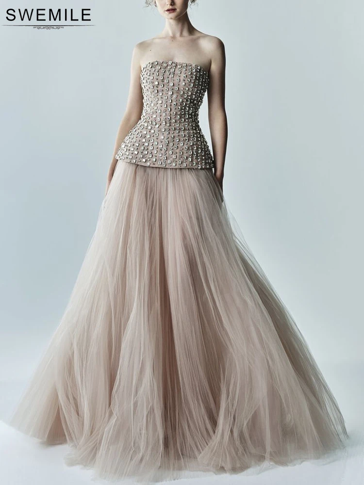 SWEMILE Luxury Diamond Beading Strapless Evening Dresses Women Elegant Champagne Tulle A-Line Prom Gowns فساتين سهرة 3
