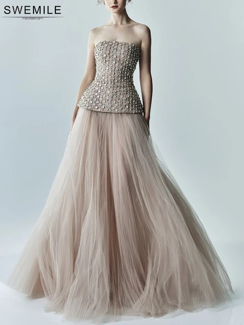 SWEMILE Luxury Diamond Beading Strapless Evening Dresses Women Elegant Champagne Tulle A-Line Prom Gowns فساتين سهرة 3