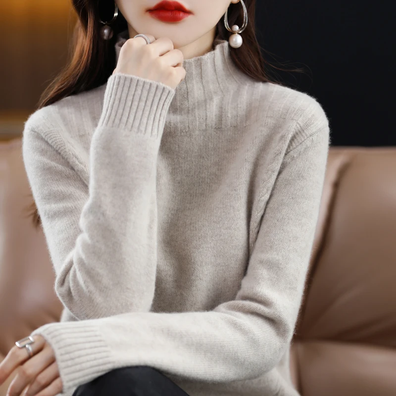 

Cashmere Pullover Autumn/Winter New 100% Pure Wool Sweater Casual Loose Knitwear Overside Women Top Pull Solid High Neck Blouse