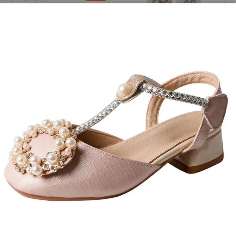 

Детские сандалии с жемчугом стразы искусственная обувь элегантные Детские свадебные туфли для девочек школьные сандалии для выпускного вечера с круглым носком