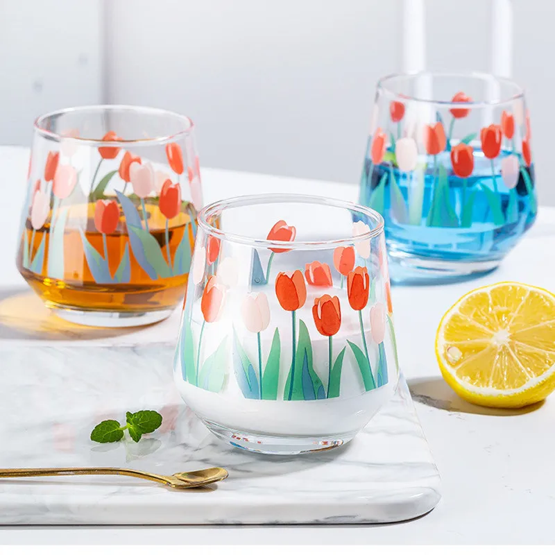 

350ml CreativeTulip Glass Cup Transparent Coffee Mug Breakfast Milk Coffee Glasses Cups Nordic ins Pattern Drinkware Iced Water