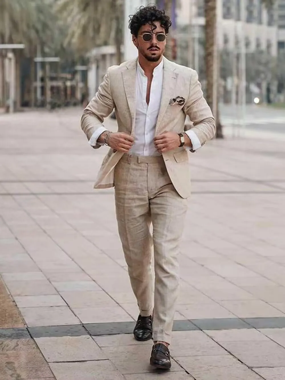 High Quality 2 Piece Casual Beige Linen Men Suits Single Breasted Slim Fit Notch Lapel Blazer with Pants Wedding Costume Homme