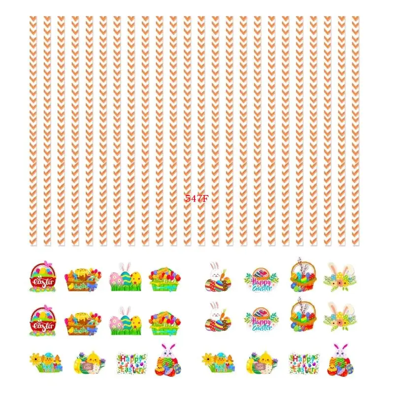 547F 24pcs Easters Themed Stripe Paper Straw for Picnics Eggs Rabbits Biodegradable Drinking Straw Birthday Party Supplies