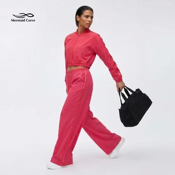 Mermaid Curve Cropped Bomber High-Waist Fluid Wide-Leg Track Set Women Off-Duty Model Aesthetic Crop Top Zip-Up Jacket Set Gym 1