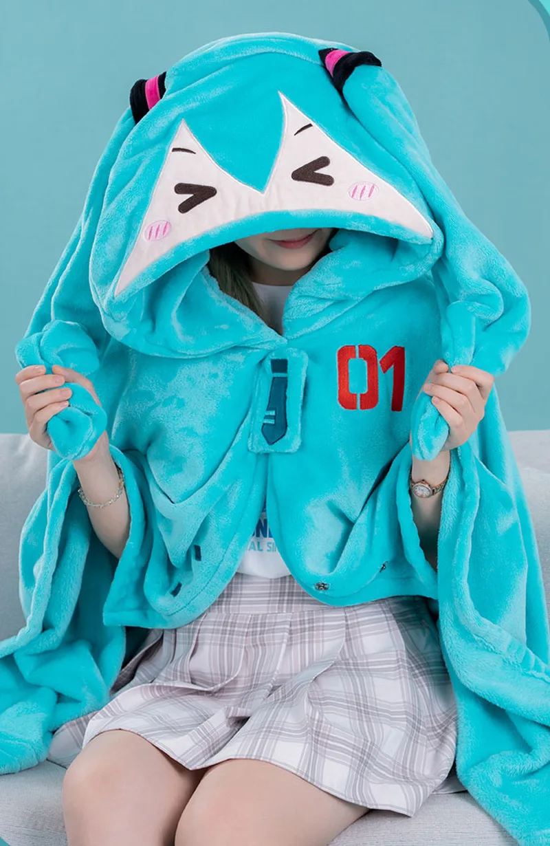 Hot Anime Hatsune Miku Vocaloid Blanket Cloak Hoodie Flannel 2in1 Throw Blanket Pillow Cosplay
