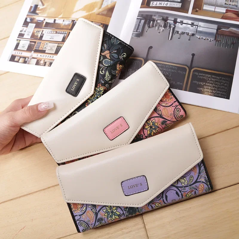 Wristlet Fashion Envelope Women Wallet Hit Color 3Fold Flowers Printing PU Leather Wallet Long Ladies Clutch Coin Phone Purse 2