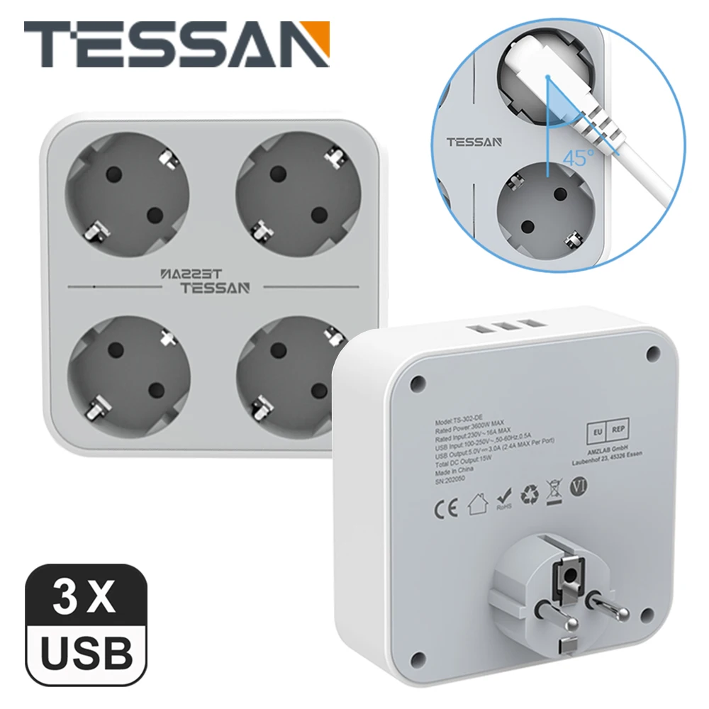 

TESSAN EU Multiple Wall Socket Power Strip with 4 AC Outlets & 3 USB Ports 7 in 1 Adapter Overload Protection for Home Office