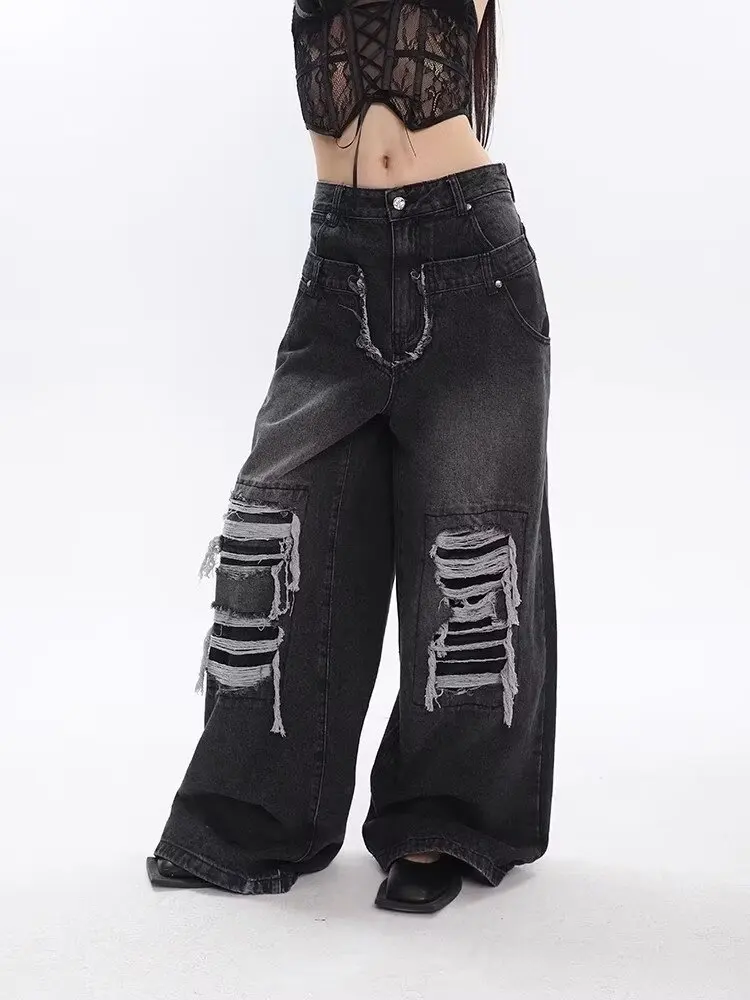 new American retro washing and destructive jeans men's double waist loose high waist wide-leg pants boys teenagers trend