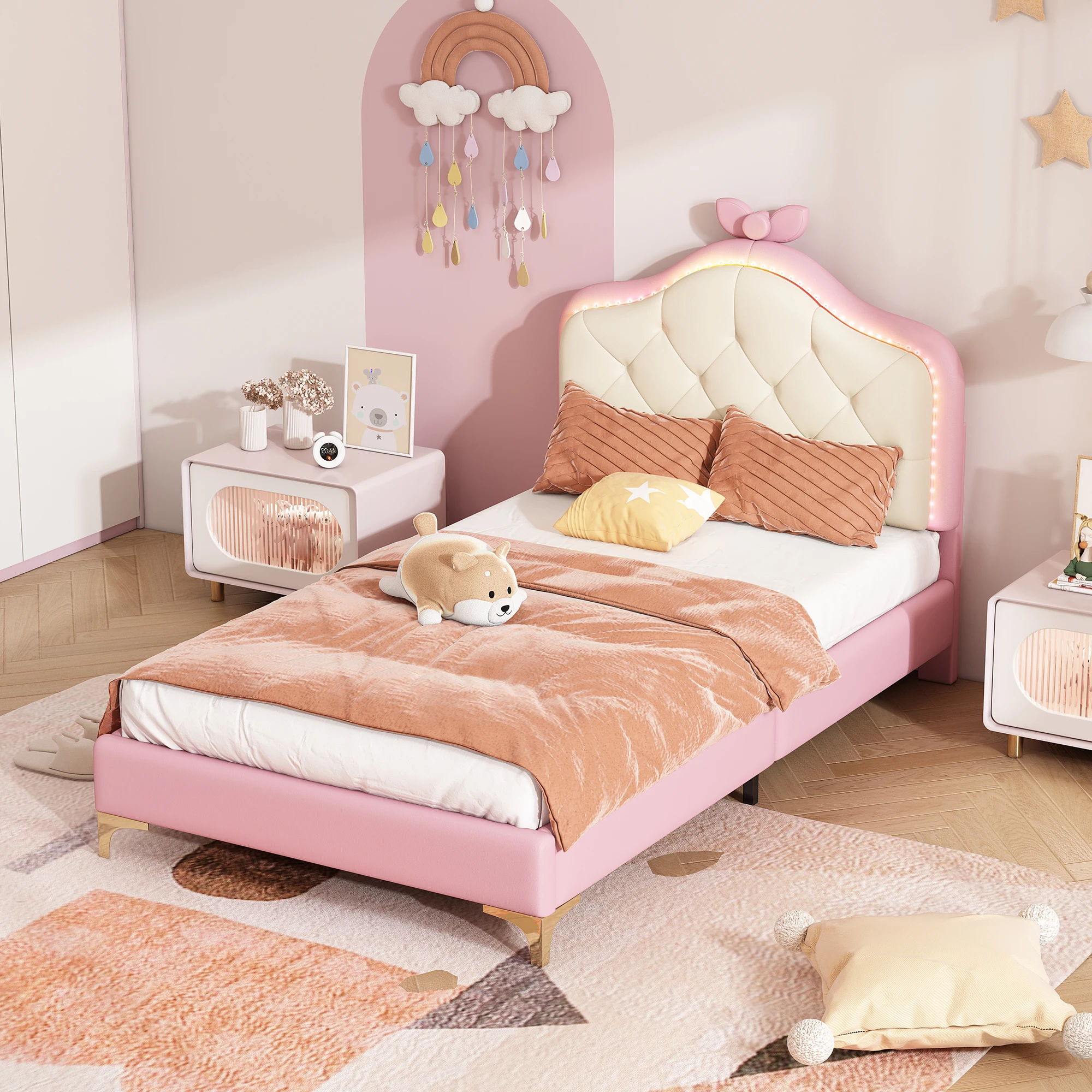 Anajqaqia 90×200 cm Upholstered Bed, Children's Single Bed with Pink Bow Headboard and LED Light Strip, with Wooden Slats