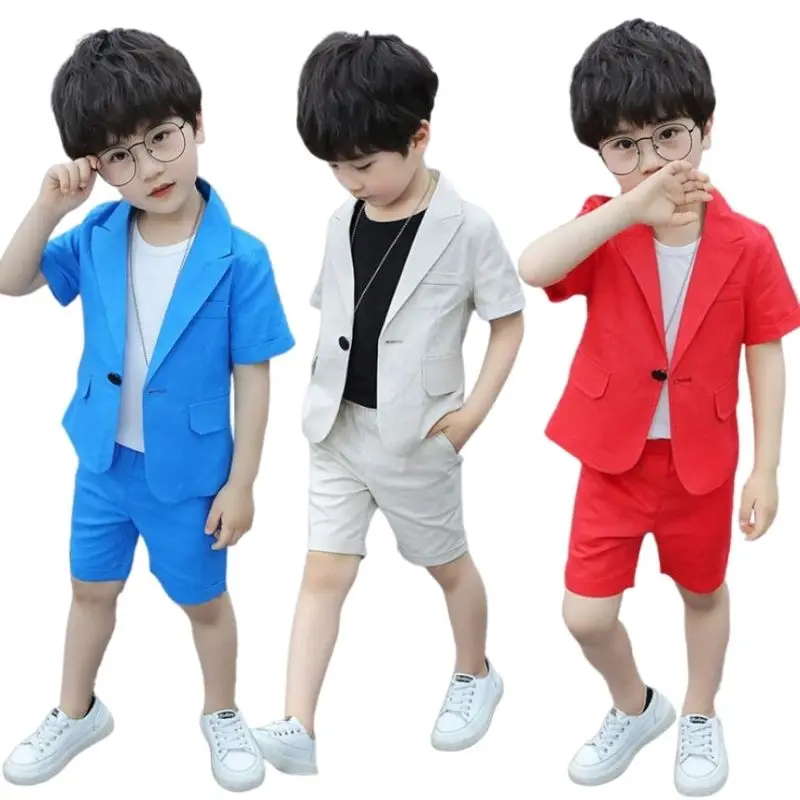 Boys Suit Set Boys Blazers Sets Wedding Or Birthday Party Summer Business Suit Shorts Jacket Sleevele T Shirt Kids Boy Clothing 3Pcs Outfit