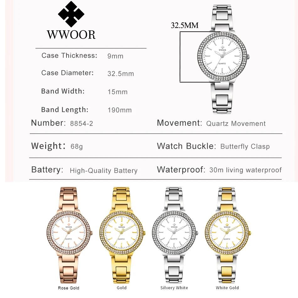 WWOOR Elegant Woman Watch Fashion Ladies Diamond Watches Waterproof Stainless Steel Quartz Bracelet Watch Gift Relogio Feminino
