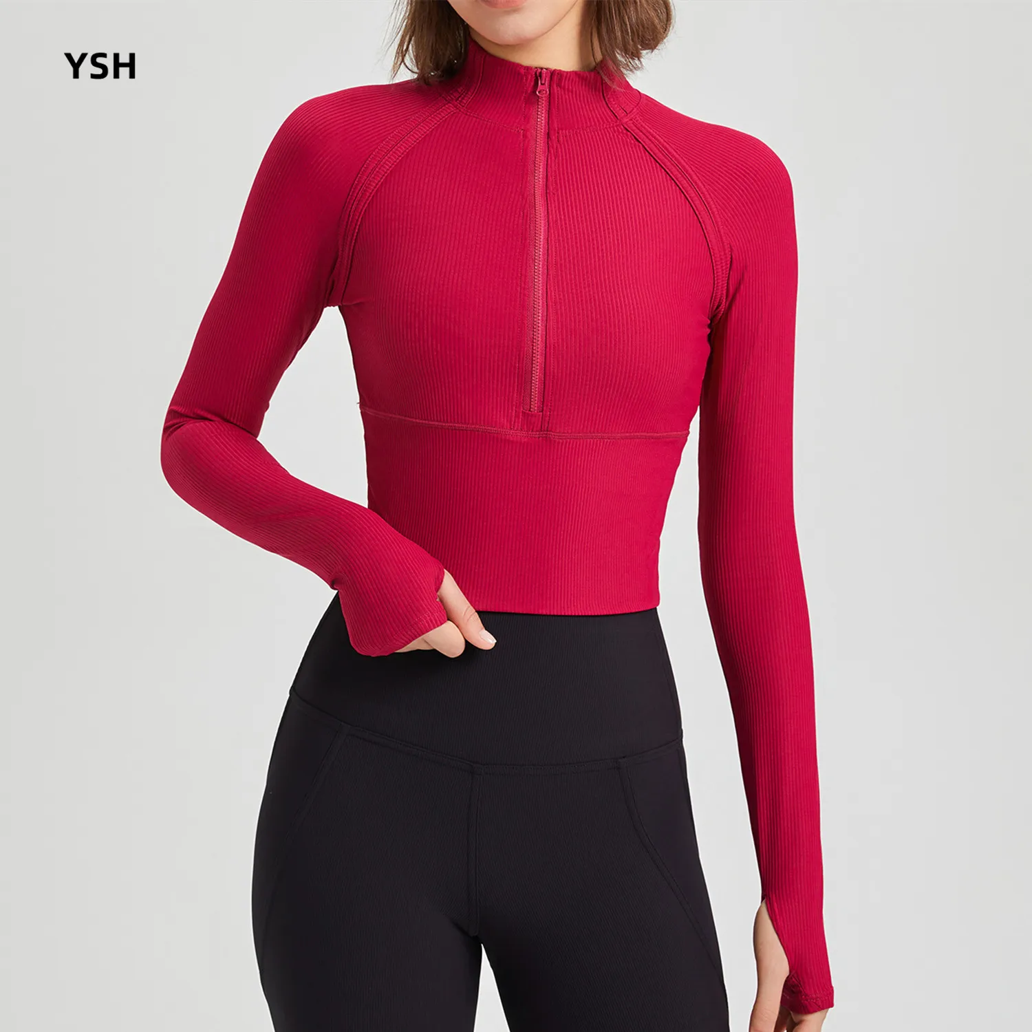 

YUSHUHUA Women Half Zipper Training Sports Jacket Gym Crop Tops Breathable Cycling Running Long Sleeve Fitness Yoga Sportswear