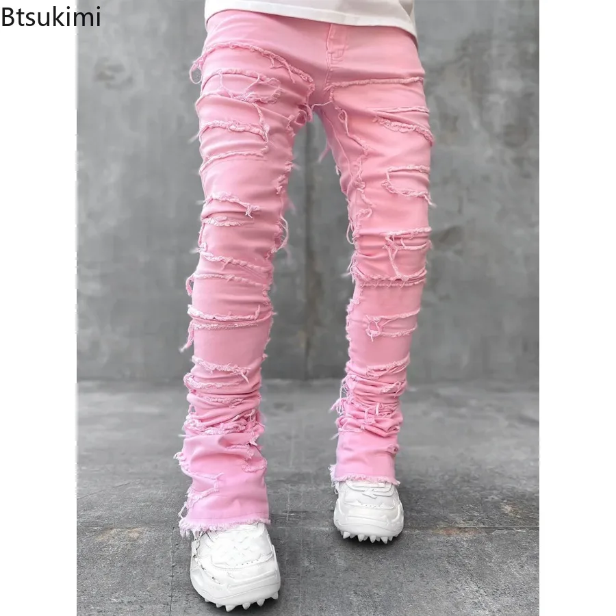 2023 Fashion Hollow Out Ripped Men's Jeans Streetwear Y2K Style Patchwork Design Straight Denim Trousers for Men Stretch Jeans