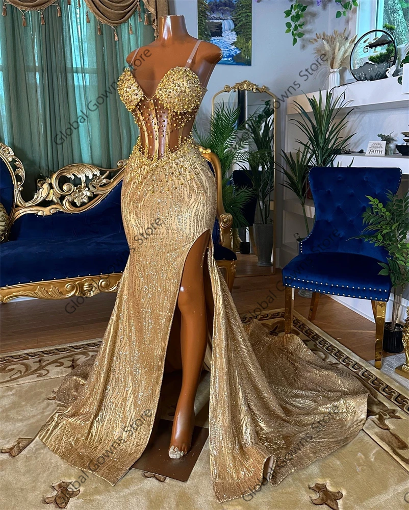 Gold Sweetheart Long Prom Dresses For Black Girl Beaded Crystal Corset Dress  High Split Evening Dresses vestidos de Customzied - AliExpress 320