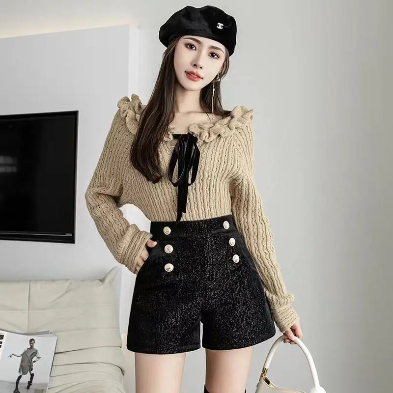 Autumn Winter New Fashion High Waist Black Shorts Solid Color All-match A-line Wide Leg Pants Casual Elegant Women Clothing