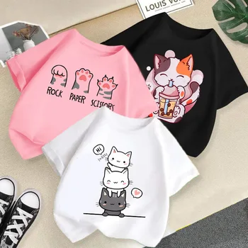 2025 Summer New Cat Printed Candy Color Round Neck Short Sleeve Baby Girls Summer Clothes Trendy Children's T-shirt 1