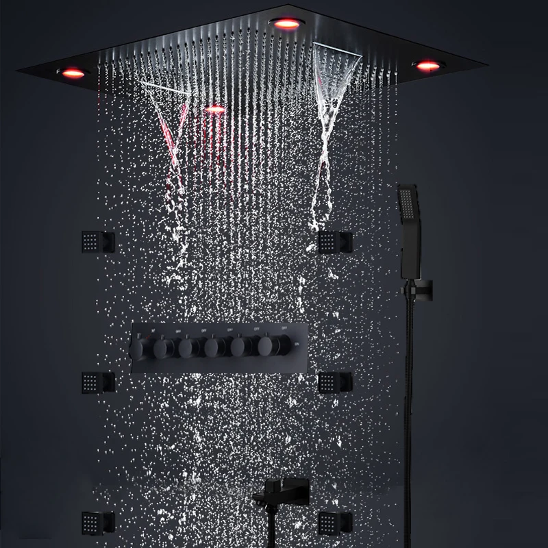 

Thermostatic Bathroom LED Rainfall Shower Set Ceiling Waterfall Massage Body Jets 2 inch 5 Functions Bath Mixing Valve
