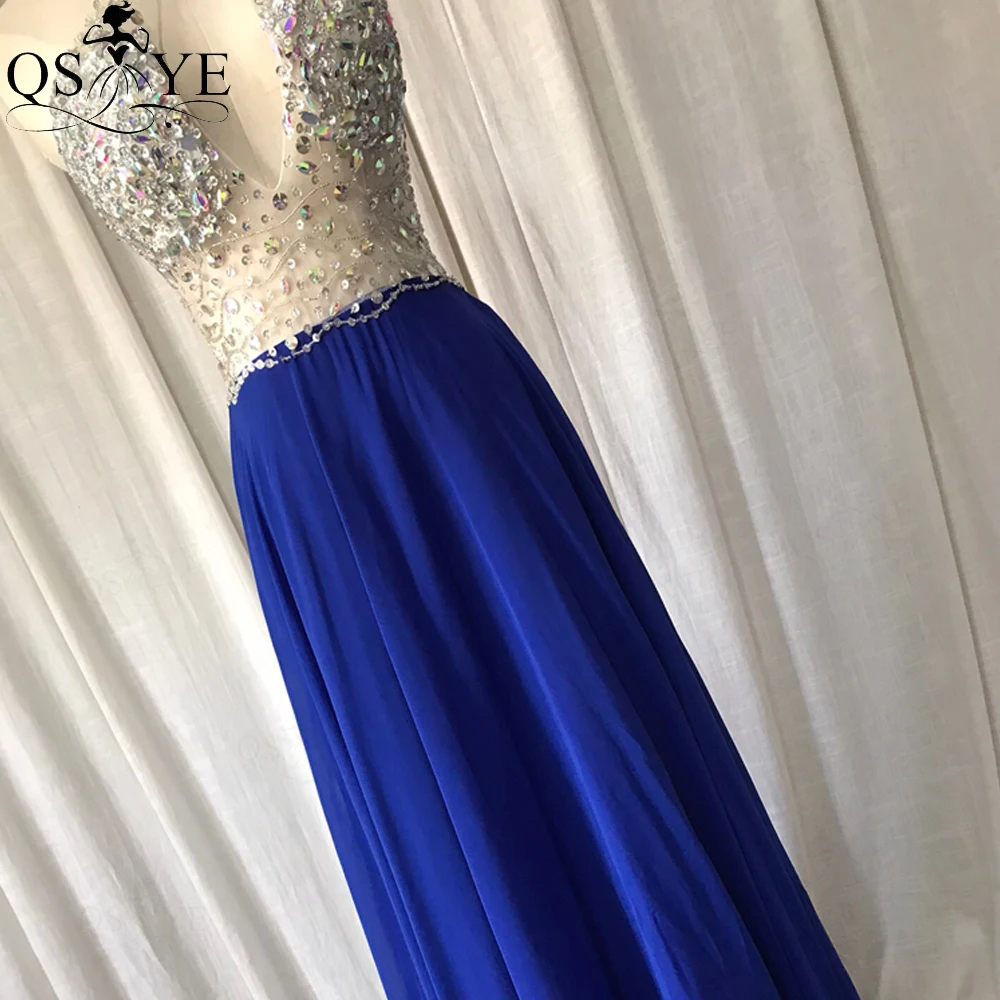 plus size prom & dance dresses Royal Blue Bead Prom Dresses Crystal Chiffon Evening Gown Halter Neck Party Dress A line Princess Open Back Girl Formal Gown New yellow prom dresses