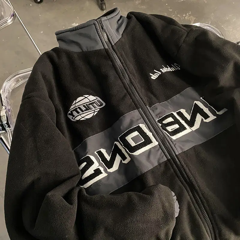 

Уличная Толстая куртка в американском ретро стиле из бархата ягненка, мужская и женская осенне-зимняя свободная хлопковая куртка с воротником-стойкой y2k