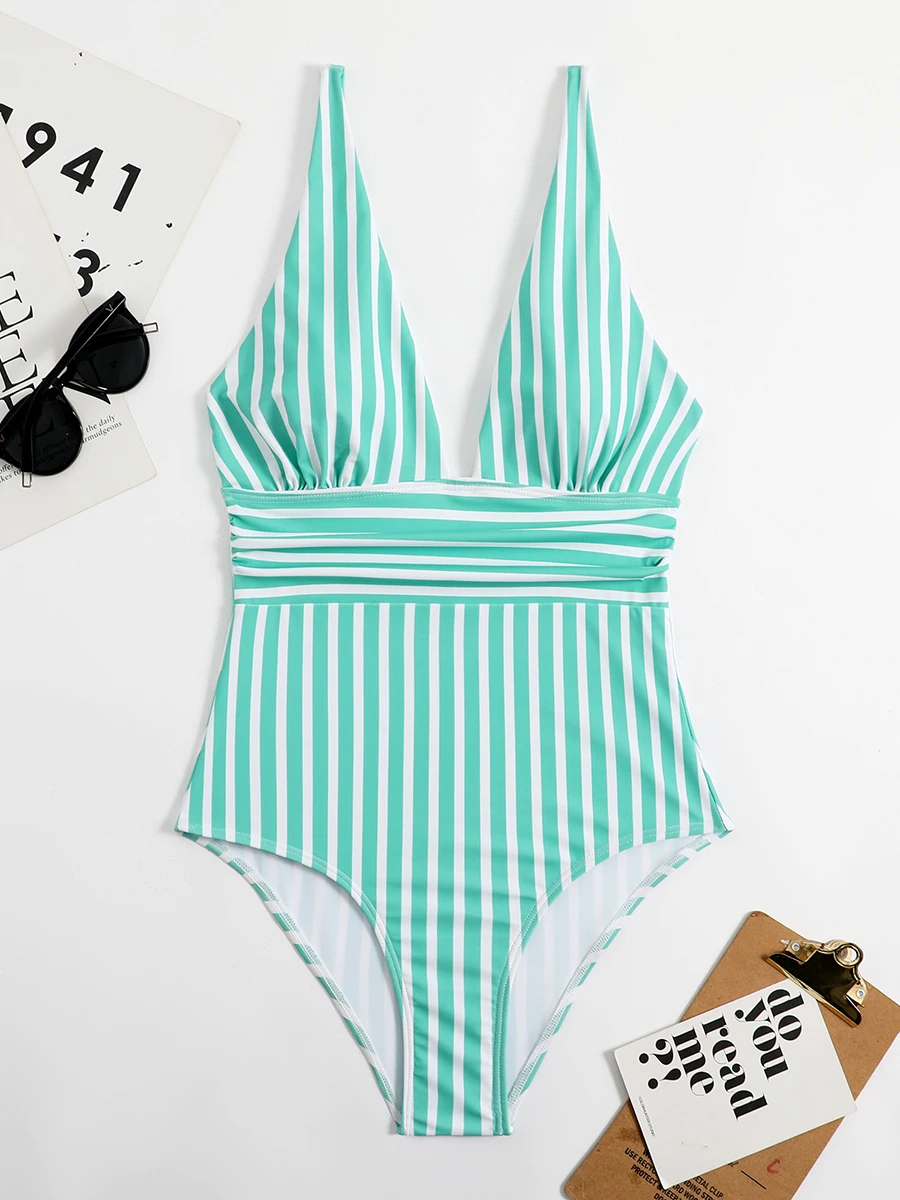 2023 Striped One Piece Swimsuit Vintage Swimwear Women V-neck Bathing Swimming Suit Female Summer Beachwear Bodysuit