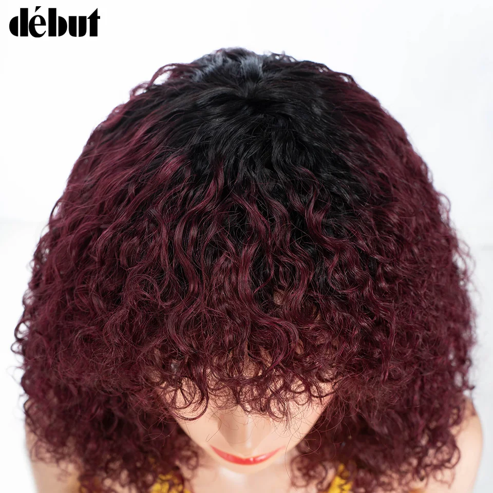 99J 제리 컬리 숏 밥 인모 가발 (앞머리 포함) 여성용 업그레이드 250% 밀도 하이라이트 허니 웨이브 킹키 컬리 글루리스