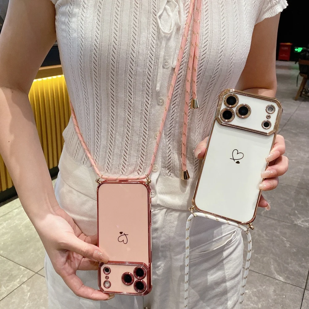 Elegant Crossbody Lanyard Necklace Case with Plating Love Heart Design – Soft Silicone Cover