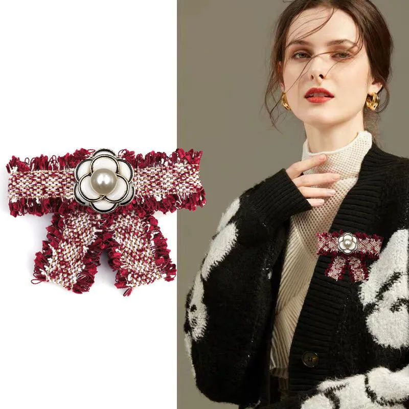 

British Vintage Pearl Camellia Bow Tie Brooch Fabric Lace Brooch Korean Women's Shirt Accessories Collar Flower Corsage Pins
