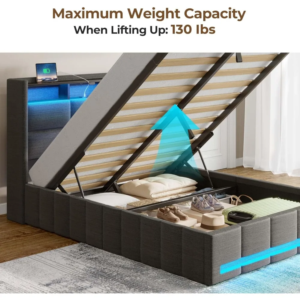 Bed Frame Full Size with Lift Up Storage, Charging Station LED Lights,Upholstered Storage Headboard,Heavy Duty Wooden Slats 5