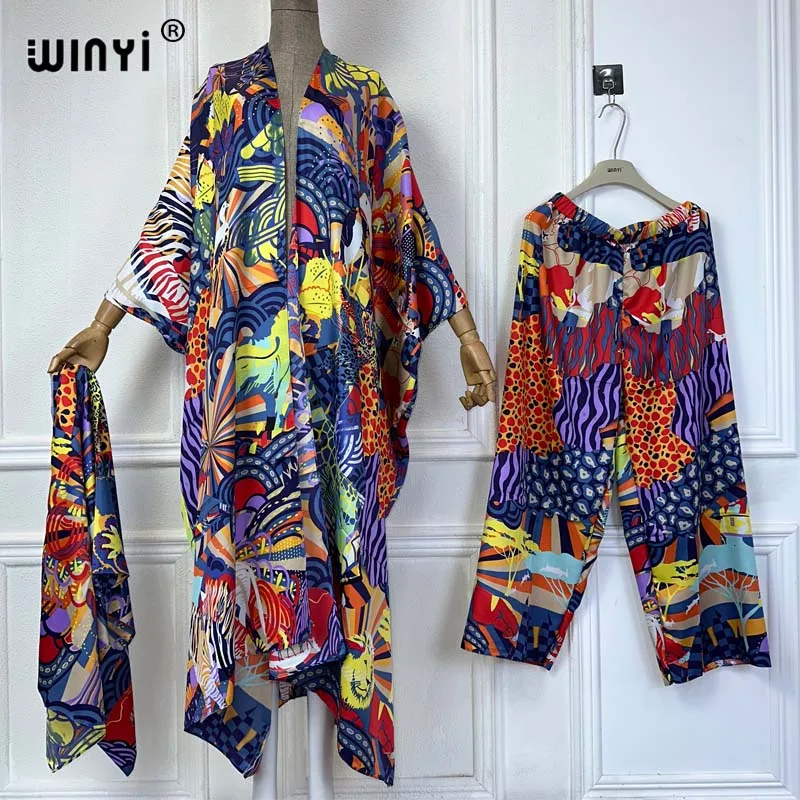 

WINYI summer fashion two-piece maxi Cardigan pant sets Boho Printed Batwing Sleeve kimonos Women Printing Fashion أطقم بناطيل