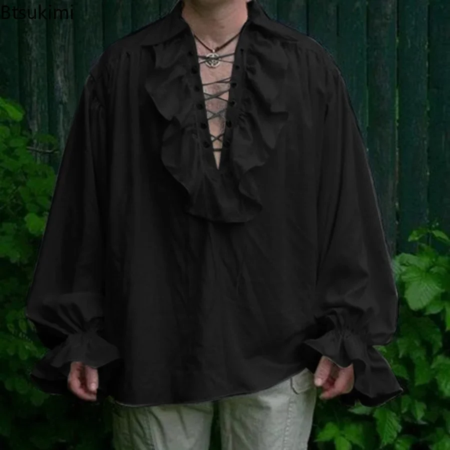 Costume rinascimentale da uomo Ruffled manica lunga Lace Up camicia da pirata Steampunk medievale Cosplay Prince Drama Stage Costume Tops - immagine 2
