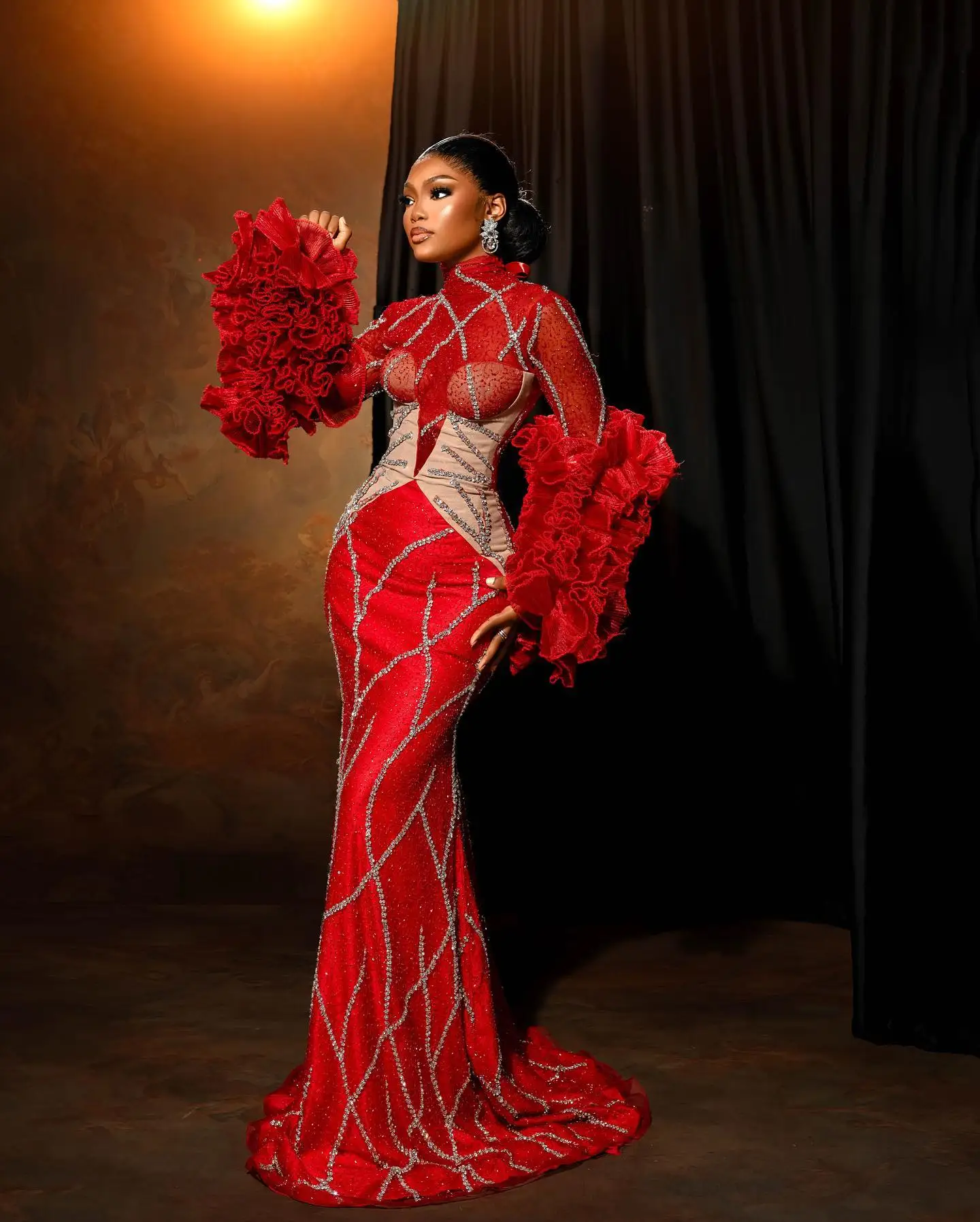 Women Prom Dresses African Beaded Lace Mock Mermaid Prom Dresses Ruffles Tulle Flare Sleeves Long Prom Gowns