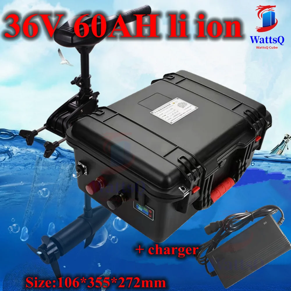 

waterproof 36v 60ah lithium ion battery BMS li ion for 2000w 1500w Bike scooter boat EV Tricycle inverter +5A charger