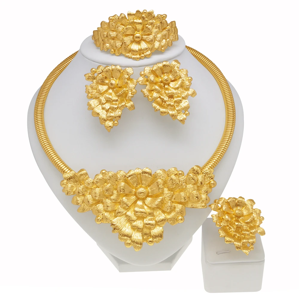 Women Gold Plated Jewelry Original Women Big Bud Necklace Jewelry Set Dubai Fashion Earrings Rings Wedding Accessories - 4