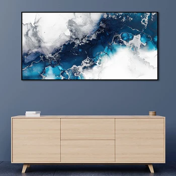 Blue Gray Gold Poster, Modern Luxury Abstract Wall Art, Canvas Painting Print, Neutral Picture, Living Room Home Interior Decor