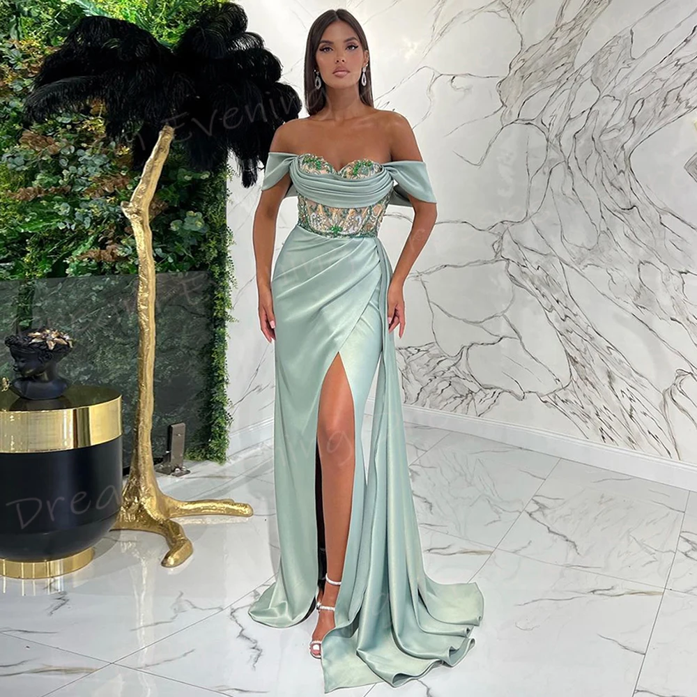 

Modern Graceful Women's Mermaid Classic Evening Dresses Gorgeous Off The Shoulder Prom Gowns Split Beaded Robe De Soiree Femmes