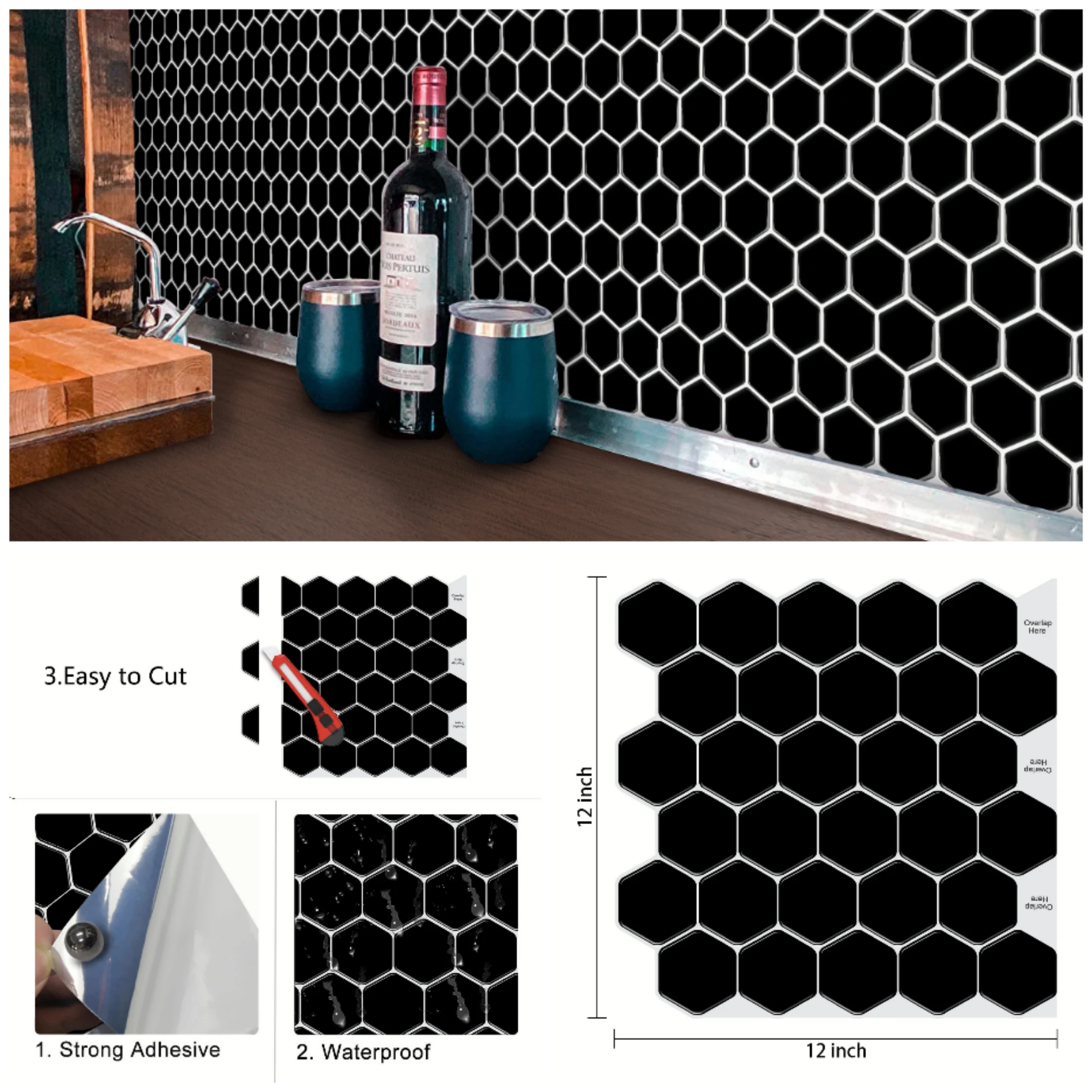 Wall Stickers Self Adhesive Stickers Self Adhesive Wallpaper Vinyl Wallpaper Kitchen Wall Sticker Adhesive Wallpaper Decorative Tile Stickers EasyTiles Hexagon Black&White Waterproof Peel and Stick 1 Sheet