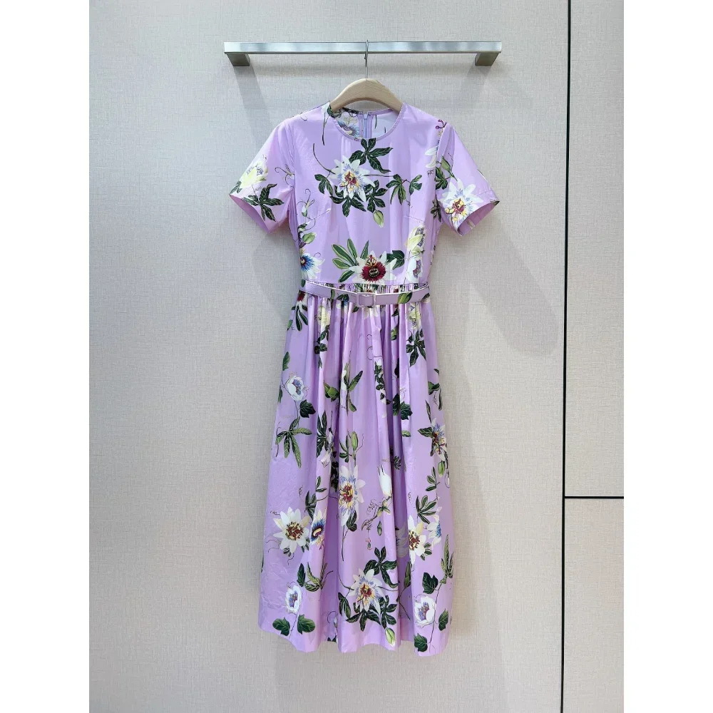 

2023 Top Quality Purple White Floral Print Short Sleeve A-line Women Midi Vintage Dress for Holiday Spring Summer