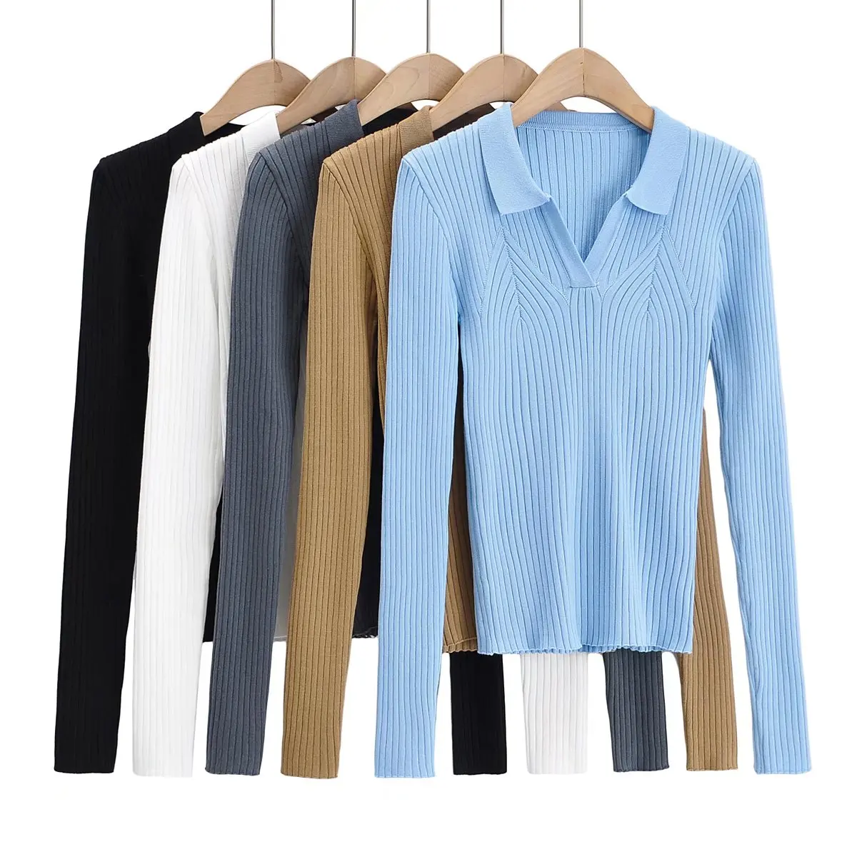

Spring Fall Casual Knitted Turn-Down Collar T Shirts For Women V Neck Long Sleeve Skinny Stretch Cropped Top Tshirt Knitwear Tee